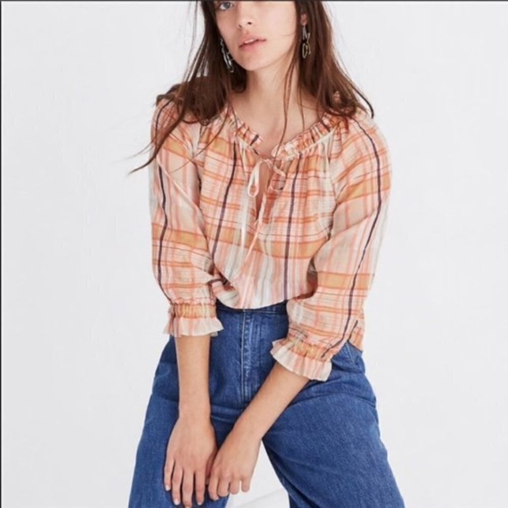 Madewell Wilton Plaid Tie Neck Ruffle Sleeve Cotton Silk Top Nwt